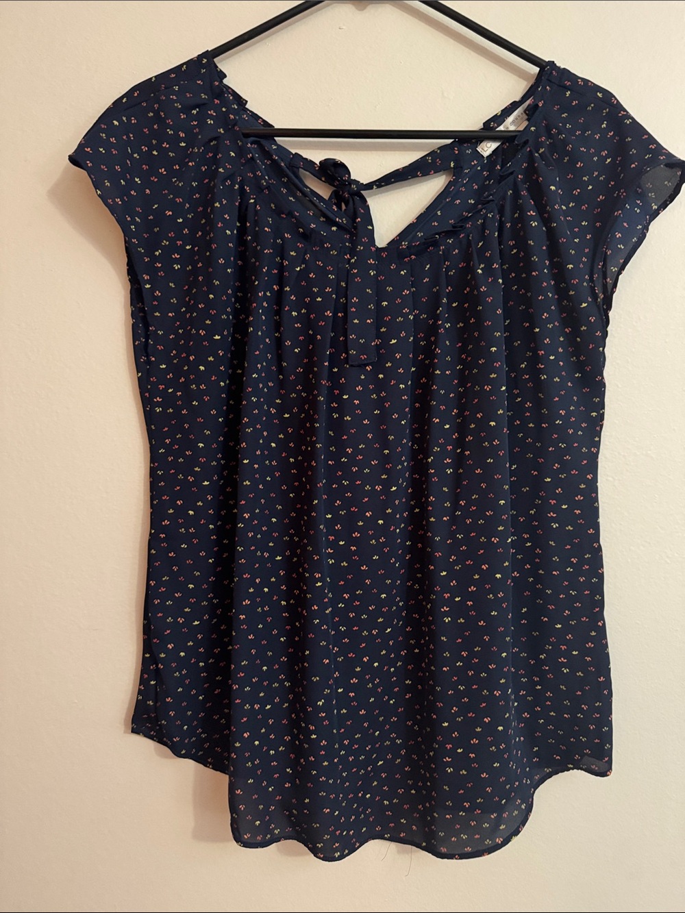 LC Lauren Conrad Navy Floral Keyhole Cap-Sleeve Blouse